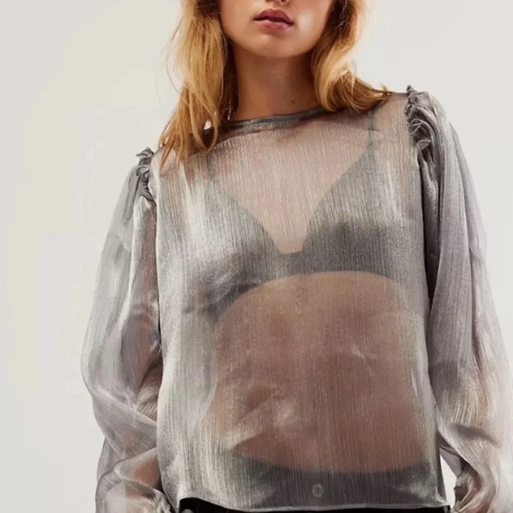 NWT Free People Freya Frost Top Metallic Silver Gray Sheer Long Sleeve Ribbon SP